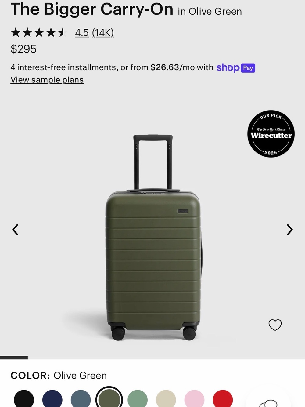 BRAND NEW Away Olive Green Spinner Carry-On